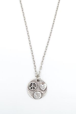 Peace - Kalp - Smile Erkek Kadın Kolye Antik Gümüş Kaplama - 60 cm Düz Zincir