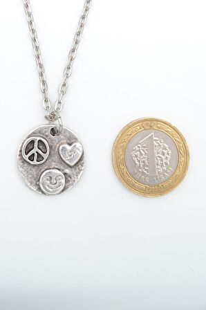 Peace - Kalp - Smile Erkek Kadın Kolye Antik Gümüş Kaplama - 60 cm Düz Zincir