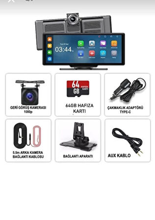 TeknoMoon Carplay Apple Android Uyumlu 10.3 İnç 64GB SD Kart Dahil Model Büyük Ekran Çift Kameralı Araç Ekranı