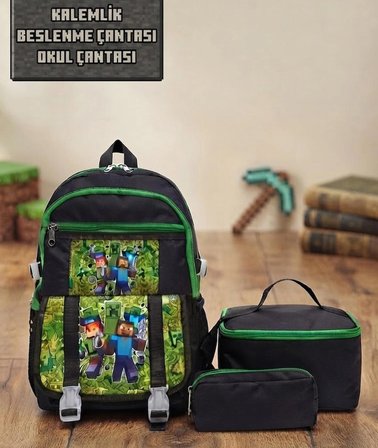İLKOKUL 3 LÜ SET KAREKTER DESENLİ LAPTOP BÖLMELİ KALEMLİK,BESLENME ÇANTALI  ERKEK ÇOCUK OKUL SIRT ÇANTASI