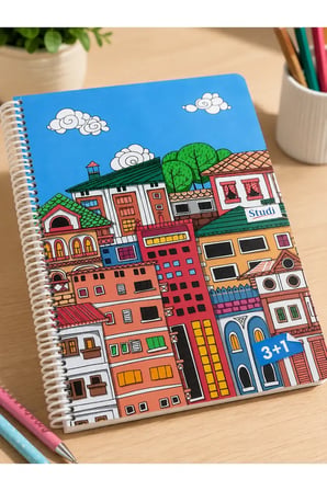120 Yaprak A4 3+1 Spiralli Defter – 3 Kareli 1 Çizgili Desenli Okul Defteri