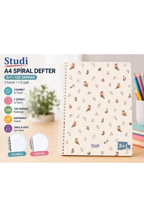 A4 120 Yaprak 3+1 Spiralli Defter Kuş Desenli 4 Bölümlü Ders Defteri