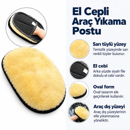 Kararlı Ticaret Sarı El Cepli Araç Yıkama ve Parlatma Postu, Siyah File Cepli Oval Oto Temizlik Eldiveni, Tüylü Yüzeyli Araç Dış Yüzey Bakım Aksesuarı