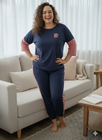 KADIN LACİVERT BÜYÜK BEDEN PİJAMA TAKIMI