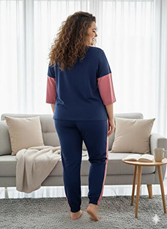 KADIN LACİVERT BÜYÜK BEDEN PİJAMA TAKIMI