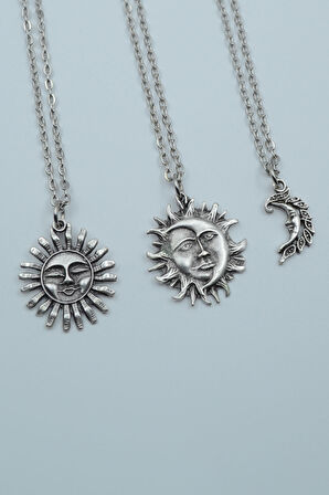 3'lü Gülen Güneş Aydede Ay Gümüş Kaplama Kolye Seti