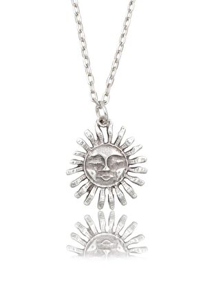 Smile - Güneş Erkek Kadın Kolye Antik Gümüş Kaplama - 60 cm Düz Zincir