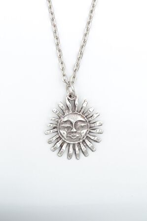 Smile - Güneş Erkek Kadın Kolye Antik Gümüş Kaplama - 60 cm Düz Zincir