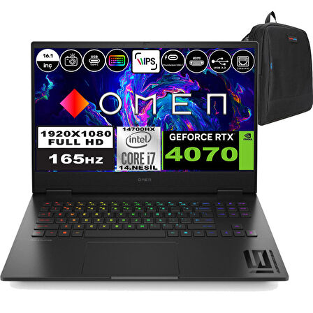 HP OMEN 16-WF1020NT Intel Core i7 14700HX 64GB DDR5 RAM 2TB SSD + 2 TB SSD 8GB RTX4070 16.1 inç FULLHD 165HZ FreeDOS Taşınabilir Bilgisayar 9J1Y9EAP08 + Zetta Çanta