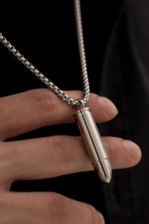 Erkek Kolye - Kapağı Açılan Mermi Kurşun Model Erkek Çelik Kolye - 316 L Paslanmaz Çelik Kolye