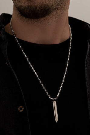 Erkek Kolye - Kapağı Açılan Mermi Kurşun Model Erkek Çelik Kolye - 316 L Paslanmaz Çelik Kolye