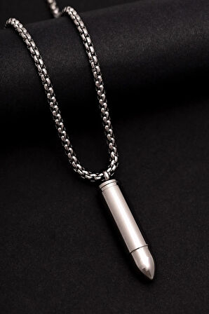 Erkek Kolye - Kapağı Açılan Mermi Kurşun Model Erkek Çelik Kolye - 316 L Paslanmaz Çelik Kolye