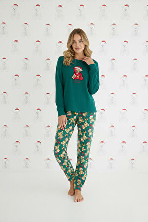 Kadın Bisiklet Yaka Düğmesiz Bilekler Lastikli/Jogger Yumuşak Termal Kışlık Pijama Takımı