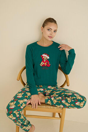 Kadın Bisiklet Yaka Düğmesiz Bilekler Lastikli/Jogger Yumuşak Termal Kışlık Pijama Takımı