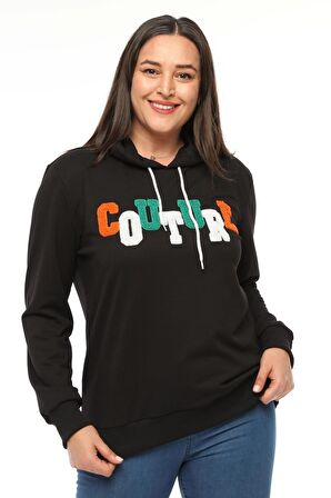 Kadın Büyük Beden Couture Yazılı Siyah Sweatshirt