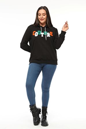 Kadın Büyük Beden Couture Yazılı Siyah Sweatshirt