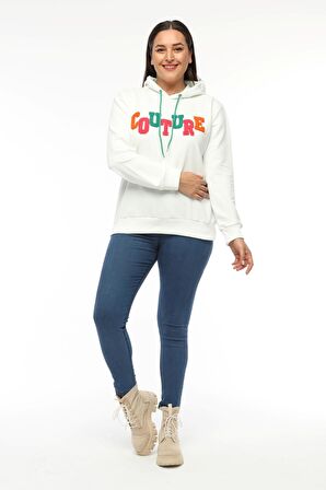 Kadın Büyük Beden Couture Yazılı Beyaz Sweatshirt