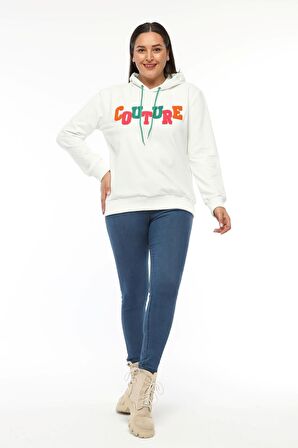 Kadın Büyük Beden Couture Yazılı Beyaz Sweatshirt