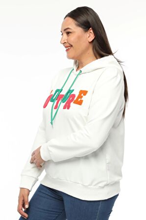 Kadın Büyük Beden Couture Yazılı Beyaz Sweatshirt