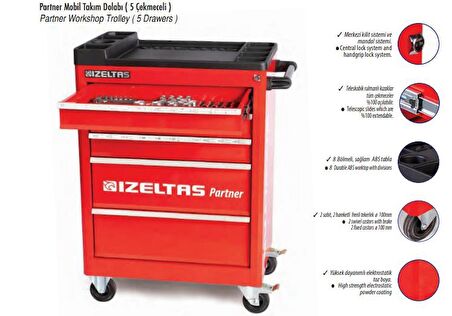 İzeltaş Partner Dolu Takım Arabası 118 Parça ve 5 Çekmeceli Dolap