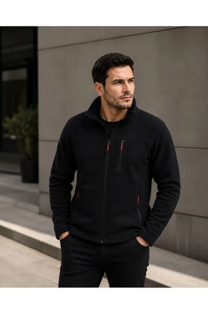 Erkek Siyah Fermuarlı Polar Ceket Dik Yaka Günlük ve Outdoor Kullanım
