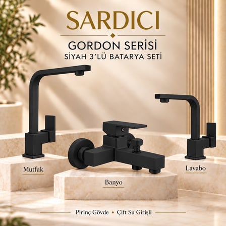 Sardıcı Gordon Mat Siyah 3’lü Mutfak Lavabo Banyo Batarya Seti Dirsek Takımı Dahil