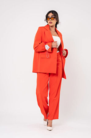 Etiket Baskılı Kol Detaylı Blazer Ceket Palazzo Pantolon Takım TKM16014