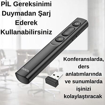 Coofbe 100Mt Mesafeli USB Girişli Şarjlı RF2.4GHz Projeksiyon Sunum Kumandası Kırmızı Lazer İşaretçili