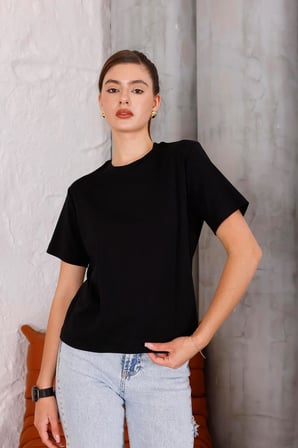 Kadın Siyah Bisiklet Yaka Basic T-shirt - 168