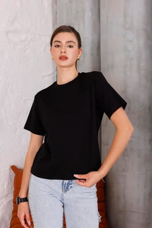 Kadın Siyah Bisiklet Yaka Basic T-shirt - 168