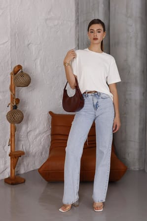 Kadın Ekru Bisiklet Yaka Basic T-shirt - 168