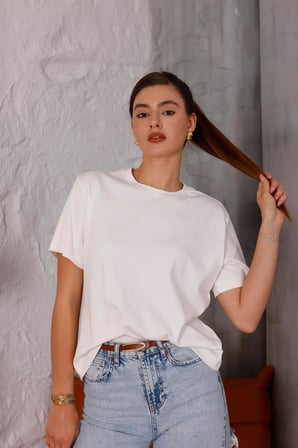 Kadın Ekru Bisiklet Yaka Basic T-shirt - 168