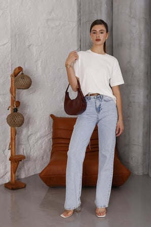 Kadın Ekru Bisiklet Yaka Basic T-shirt - 168