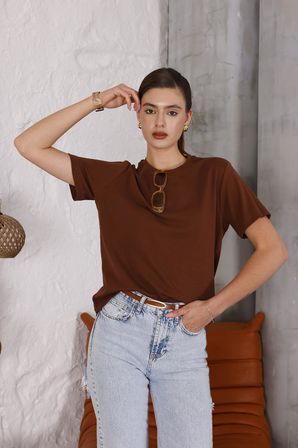 Kadın Kahverengi Bisiklet Yaka Basic T-shirt - 168
