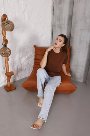 Kadın Kahverengi Bisiklet Yaka Basic T-shirt - 168