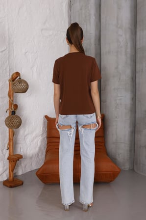 Kadın Kahverengi Bisiklet Yaka Basic T-shirt - 168