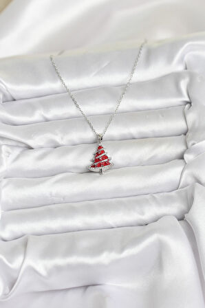 316L Çelik Zincir Gümüş Renk Kırmızı Çam Ağacı Model Yılbaşı Temalı Kadın Kolye