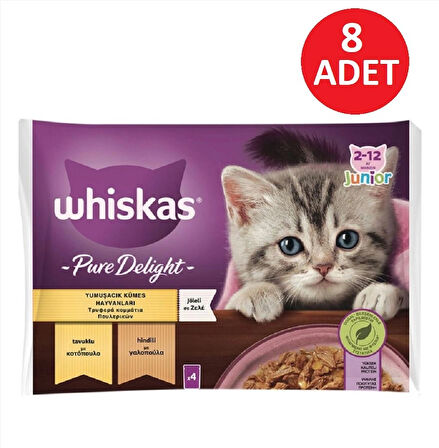 Whizkas Pure Deligt Junıor Tavuk ve Hindili Yavru Kedi Poşet Mama 85 G 4'lü paket x 8 Adet(32 adet yaş mama)