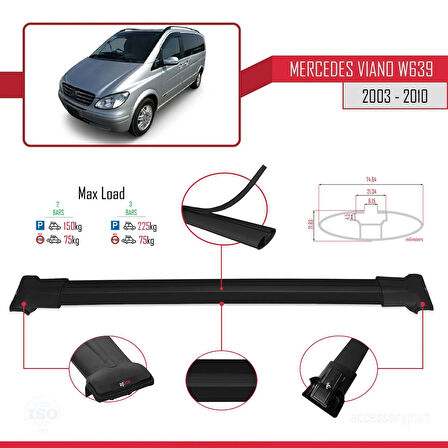 Mercedes Viano 2 (W639) Pre-Facelift 2003-2010 Arası ile Uyumlu FLY Model Ara Atkı Tavan Barı Siyah 2 Adet
