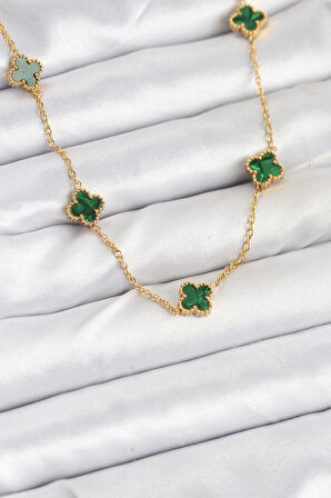 316L Çelik Zincir Gold Renk Yeşil Baby Boy Yonca Kadın Kolye