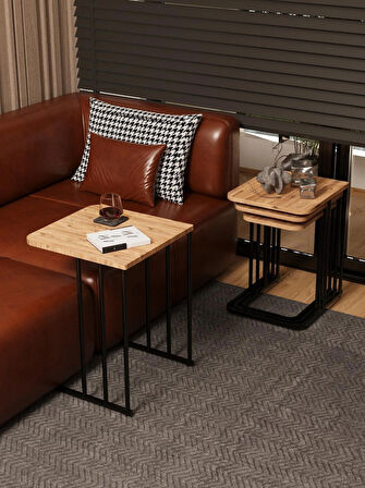 Ceylin 4lü Zigon Sehpa Mdf Tekerlekli Siyah Ayak Atlantik Çam