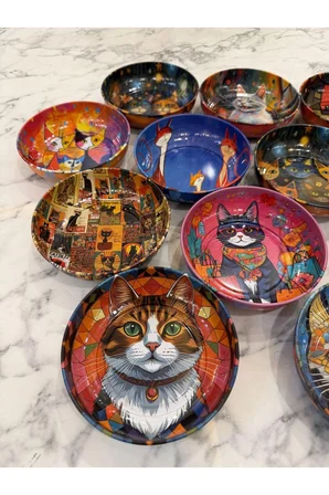 Retro Tarzda Kedi Desenli Çerezlik Sosluk Mama Kabı | Büyük Boy Metal Dekoratif Kedi Kasesi