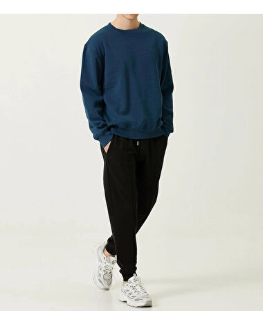 Erkek Bisiklet Yaka Basic Lacivert 3 İplik İçi Polarlı Şardonlu Sweatshirt