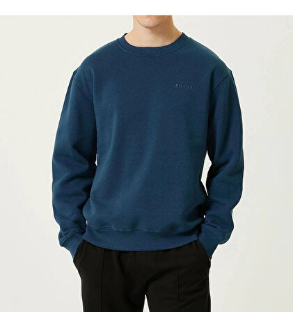 Erkek Bisiklet Yaka Basic Lacivert 3 İplik İçi Polarlı Şardonlu Sweatshirt