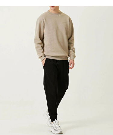 Erkek Bisiklet Yaka Basic Bej 3 İplik İçi Polarlı Şardonlu Sweatshirt