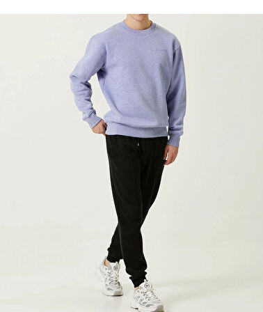 Erkek Bisiklet Yaka Basic Mor Lila 3 İplik İçi Polarlı Şardonlu Sweatshirt