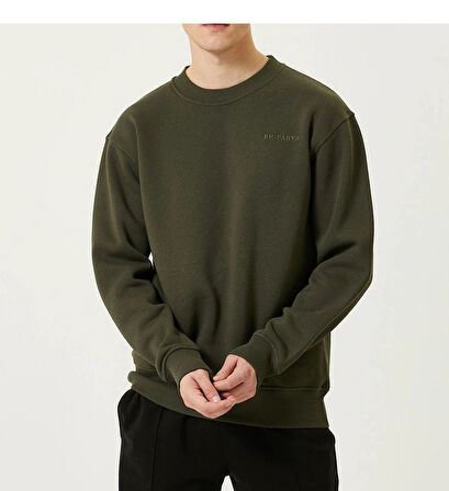 Erkek Bisiklet Yaka Basic Haki Yeşil 3 İplik İçi Polarlı Şardonlu Sweatshirt