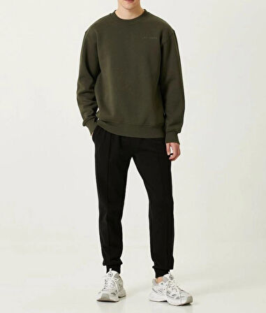 Erkek Bisiklet Yaka Basic Haki Yeşil 3 İplik İçi Polarlı Şardonlu Sweatshirt