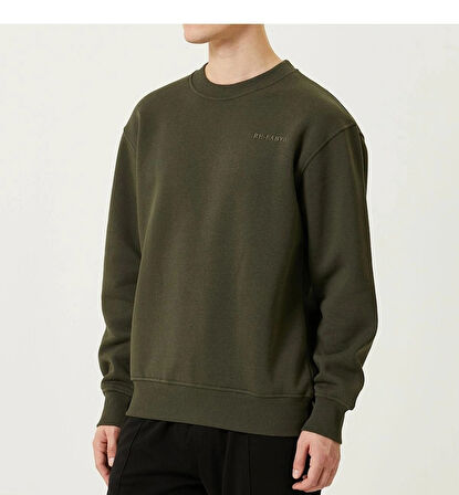 Erkek Bisiklet Yaka Basic Haki Yeşil 3 İplik İçi Polarlı Şardonlu Sweatshirt