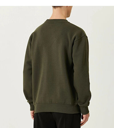 Erkek Bisiklet Yaka Basic Haki Yeşil 3 İplik İçi Polarlı Şardonlu Sweatshirt